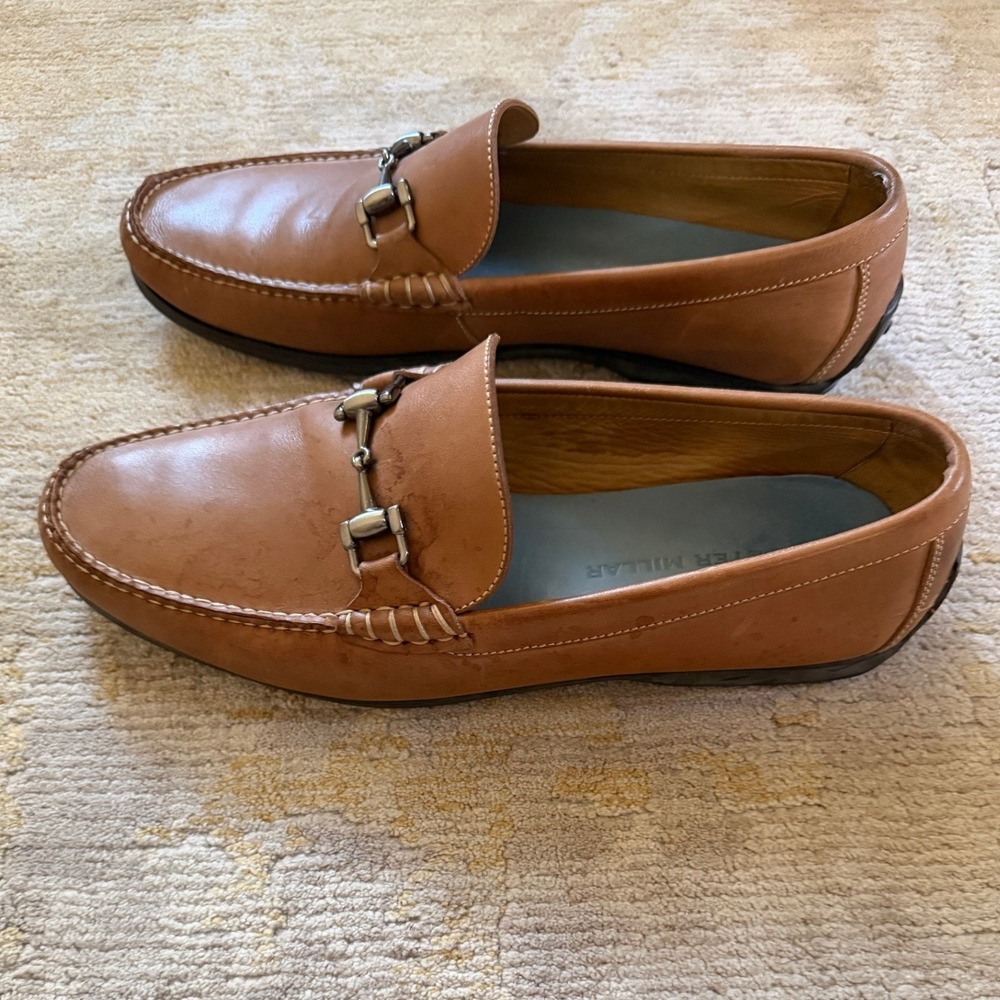Peter Millar Bit Loafer Men 9.5W Tan Leather Driving Shoes Metal Hardware Crown